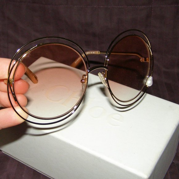NEW w/Box CHLOÉ Carlina Pearl Round-frame Sunglasses In Gold Gradient Pe… - Picture 6 of 16